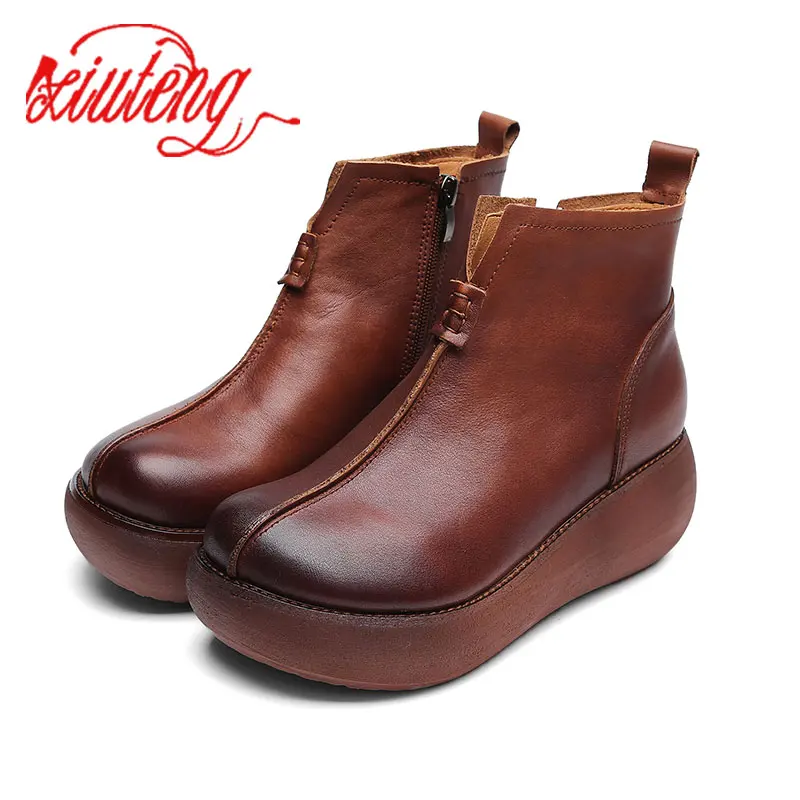 Ceny Xiuteng nowych kobiet buty z prawdziwej skóry wysokie obcasy platformy botki damskie buty akcentem kobieta brytyjski styl okrągły wierzchołek buta