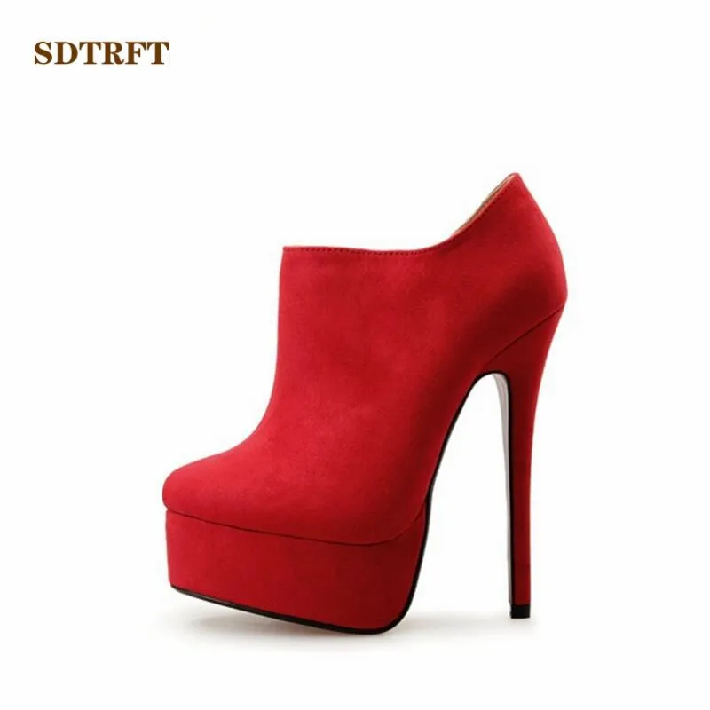 

SDTRFT puls:40-47 48 women Ankle boots 16cm thin heels Bottines zip Platform boat Fashion Show Bottes Femmes Pumps Stiefeletten