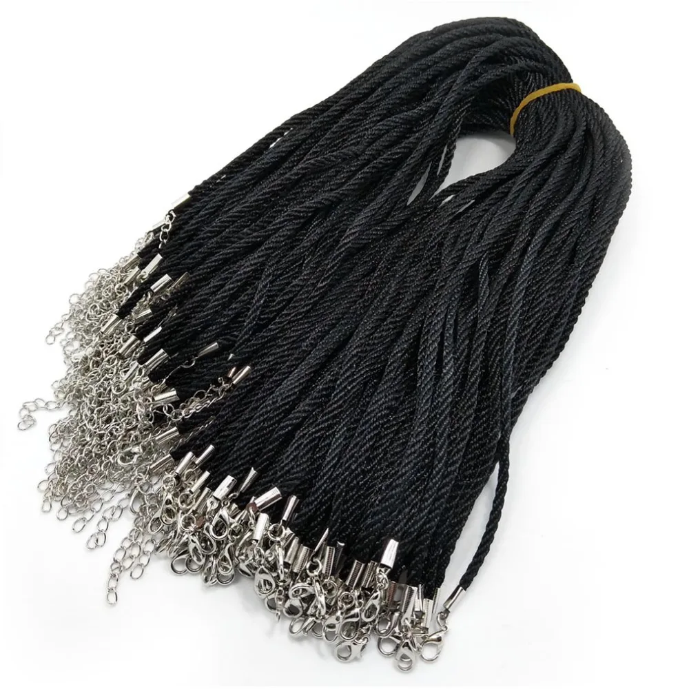 

YIQIFLY 100pcs 3mm Black Silk Cord Necklace Beading Cord String Rope Wire about 45cm+5cm Extender Chain Lobster Clasp