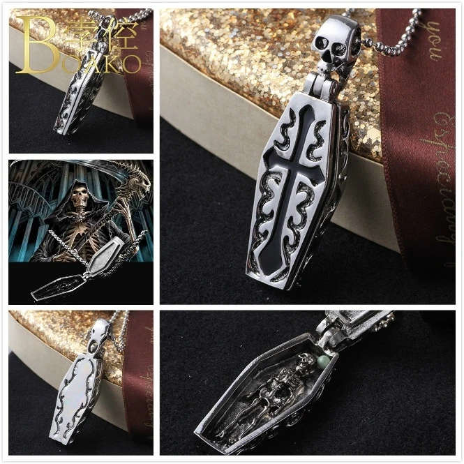 

BOAKO Punk Stainless Steel Necklace For Men/Women Skull Cross Necklace Halloween Skeleton Pendant Necklace Gothic coffin Box K5