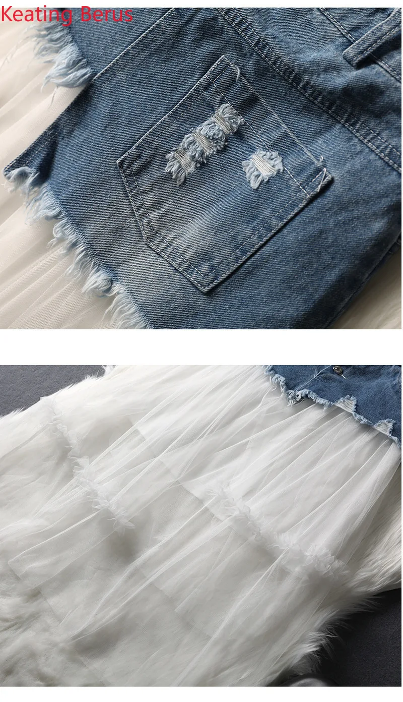 2019 Summer Women's Two-piece White Short-sleeved Round Neck Swan T-shirt Long Section Denim Stitching Mesh Skirt Two-piece Suit