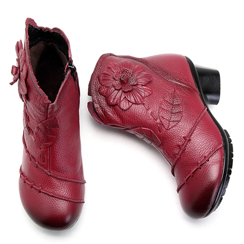 Socofy/зимние ботинки из натуральной кожи; женская обувь; женские ботильоны в винтажном стиле с цветочным принтом; женские ботинки на высоком каблуке на молнии с цветочным узором; Botas Mujer
