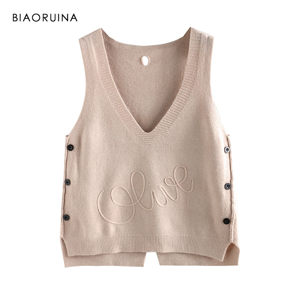 

BIAORUINA 10 Color Korean Style Women All-match V-neck Solid Knitted Vest Female Sleeveless Sweet Pullover Girls Chic Tops