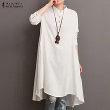 2018 ZANZEA Women font b Vintage b font Long Sleeve Buttons Waterfall Hem Cotton Linen Vestido