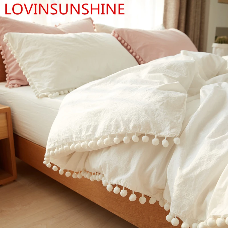 

Wihte Pink Bedding Sets With Washed Ball Decorative Microfiber Fabric Queen King Duvet Cover Pillowcase Comfortable