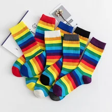 Блестящие цветные модные хлопковые радужные женские носки, Осенние новые высокие носки-трубы, яркие солнечные носки в полоску, высококачественные теплые длинные носки