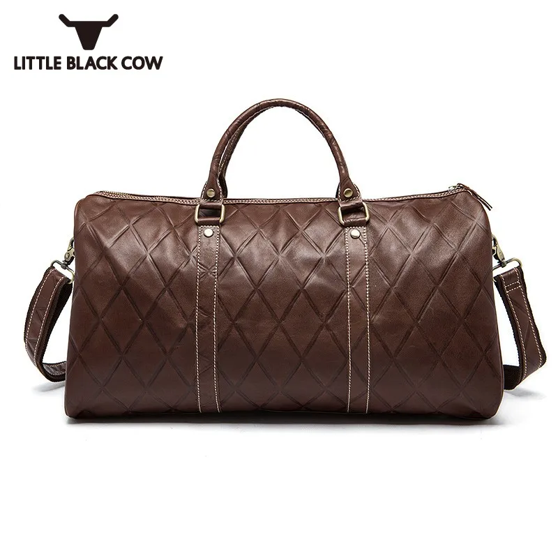 

Unisex Hand Travel Bags Luggage Bag Big Capacity Plaid Real Leather Handbags Men Black Coffee Couple Tote Bags Sacoche Homme