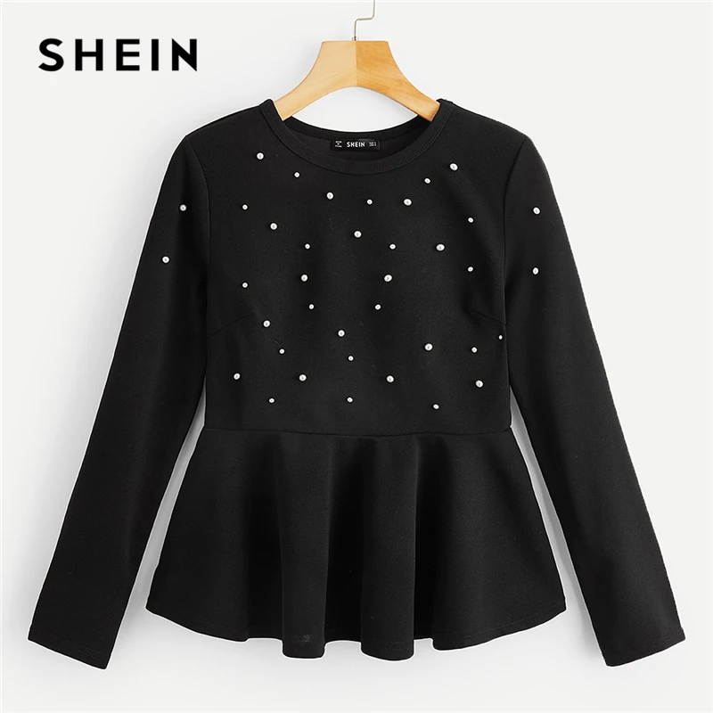 SHEIN Однотонная Блузка С Баской И Бусинами Нарядный Топ С Коротким Рукавом Офисный Топ С Отделкой