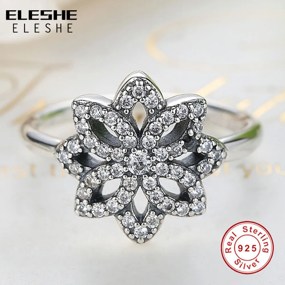 ELESHE 100% 925 Sterling Silver Snowflake Flower Finger Rings with Clear CZ for Women Wedding Anniversary Original Jewelry Gift