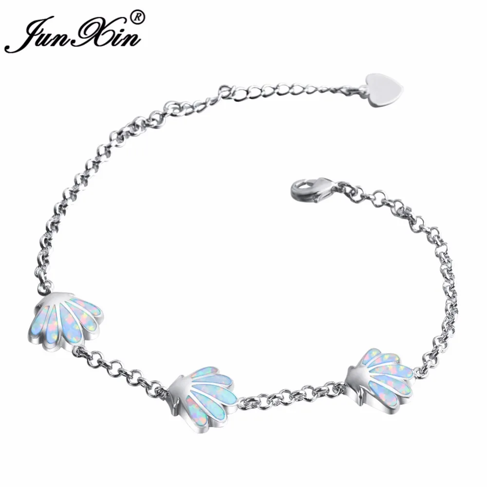 

JUNXIN Unique Shell Design Women Charm Bracelet Blue/White Fire Opal Bracelet 925 Sterling Silver Filled Wedding Jewelry