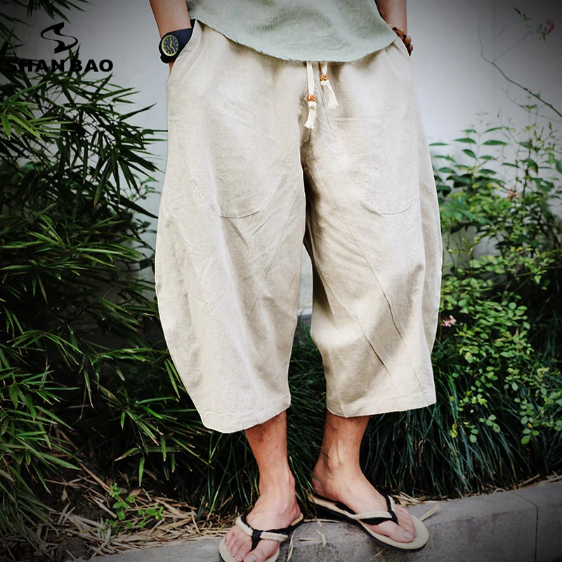 

2019 summer new Chinese style linen loose thin section harem pants men's elastic waist strap fashion style pants large size