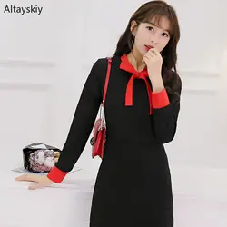 Женское платье с длинным рукавом и бантом для стройных элегантных женщин, простые универсальные мини-платья в Корейском стиле, женские
