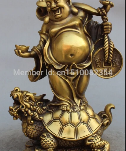 

12"Chinese Bronze Wealth Yuanbao Happy Laugh Maitreya Buddha Money Turtle Statue