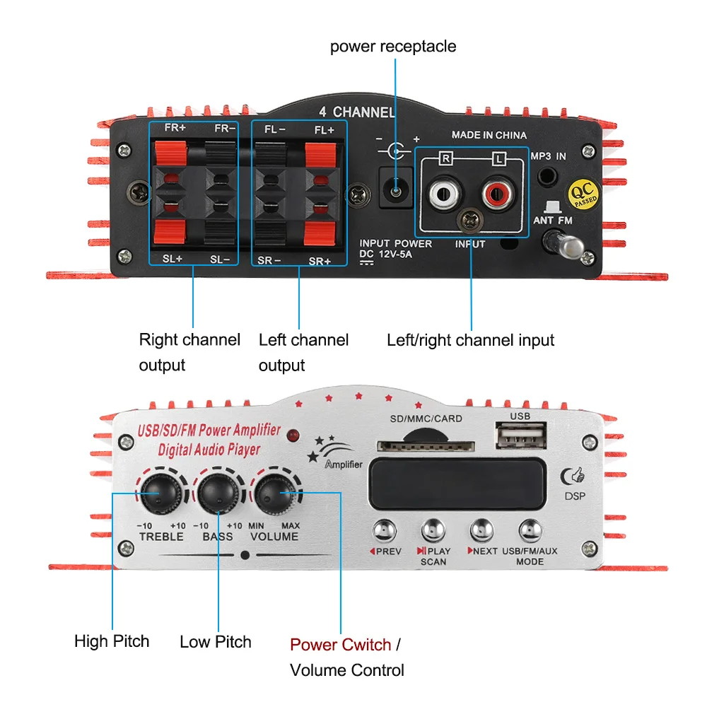 MA200 4 канала HiFi аудио стерео усилитель сабвуфер автомобильный MP3 динамик USB SD FM