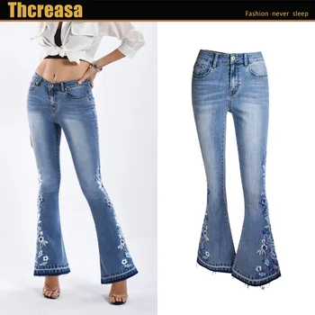 

High-stretch Denim Embroidered Jeans Women Jeans Wide Wash Flared Jeans Female Large Size Jeans