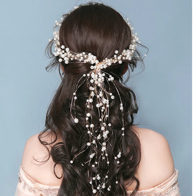 Свадебные украшения для волос невесты, жемчужный венок из медной проволоки, Длинные Аксессуары для платья невесты, тиара, заколки-короны H009