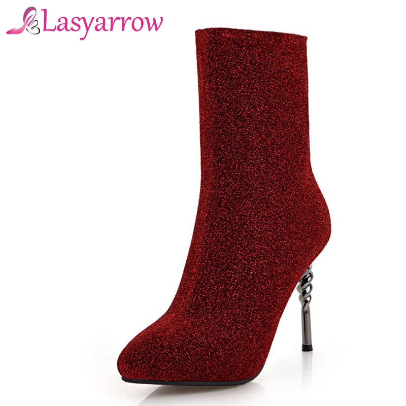 Lasyarrow 18 黒赤結婚式の靴の女性靴下ブーツジッパーハイヒールアンクルブーツ女性はピンヒール Bota S F223 Ankle Boots Aliexpress