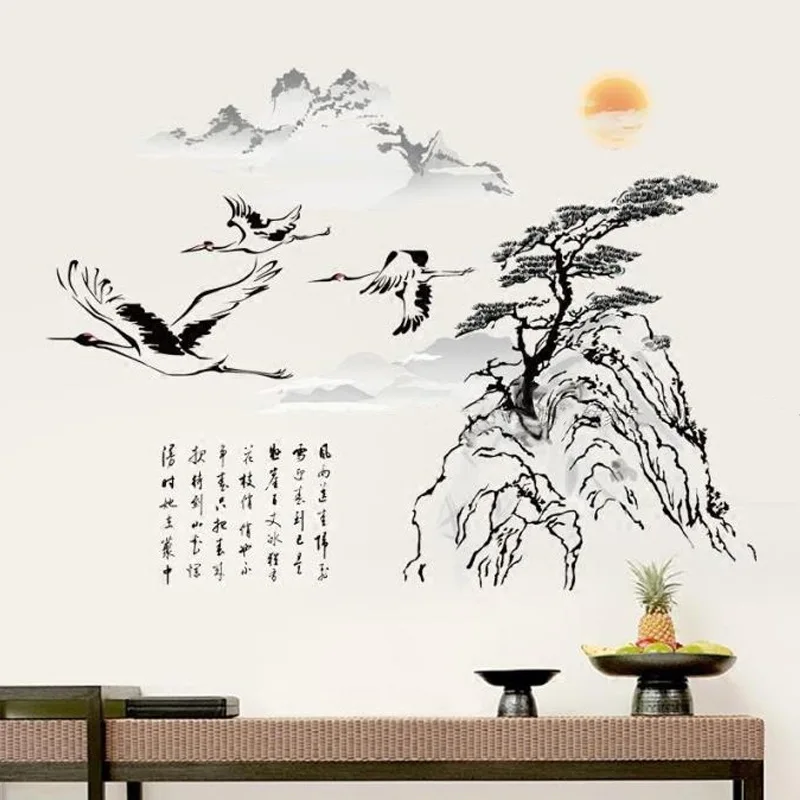 

Chinese Style Mountain Tree Wall Sticker Birds Stickers Vintage Retro Posters Living Room Home Decor Wallstickers Wallpaper
