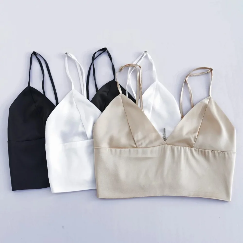 

TITIVATE Sexy Satin V Neck Tops Women 2017 Summer Fashion Sleeveless Slim Silk Short Cami Ladies Black White Beige Tank Tops