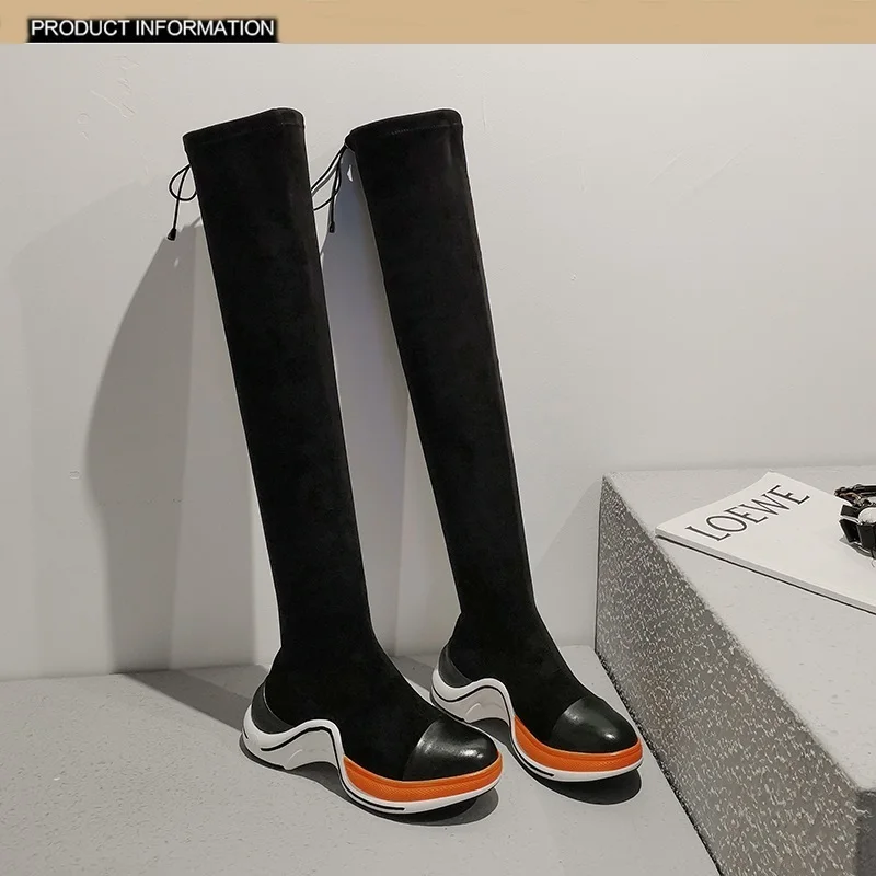Брендовые модные эластичные осенне-зимние носки; ботильоны; женские Кожаные Сапоги выше колена с круглым носком; женские ботинки на платформе