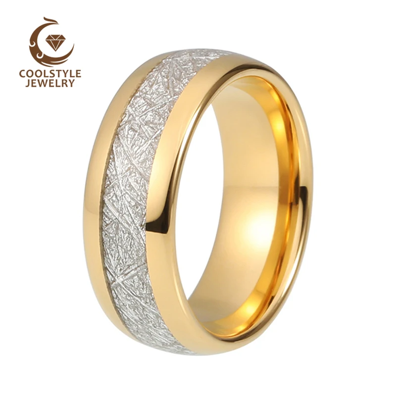 8mm Unisex Men Women Yellow Gold Color Dome Tungsten Carbide Ring Meteorite Inlay Engagement Wedding Band