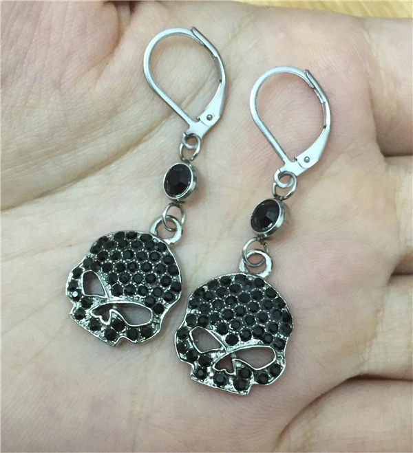 Popular USA Style Motor Biker Skull Stud Earrings With Black Crystal Stones 316L Stainless Steel