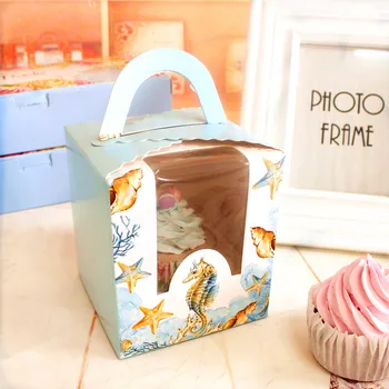 

Blue Cupcake boxes with window with handle macaroon box/muffin box 100pcs/lot