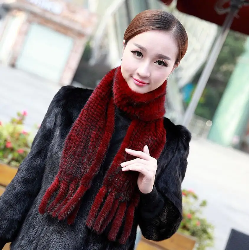 YCFUR Модные женские шарфы, зимние вязаные шарфы из натурального меха норки для женщин, мягкие зимние теплые шарфы из натурального меха для девушек - Цвет: wine red