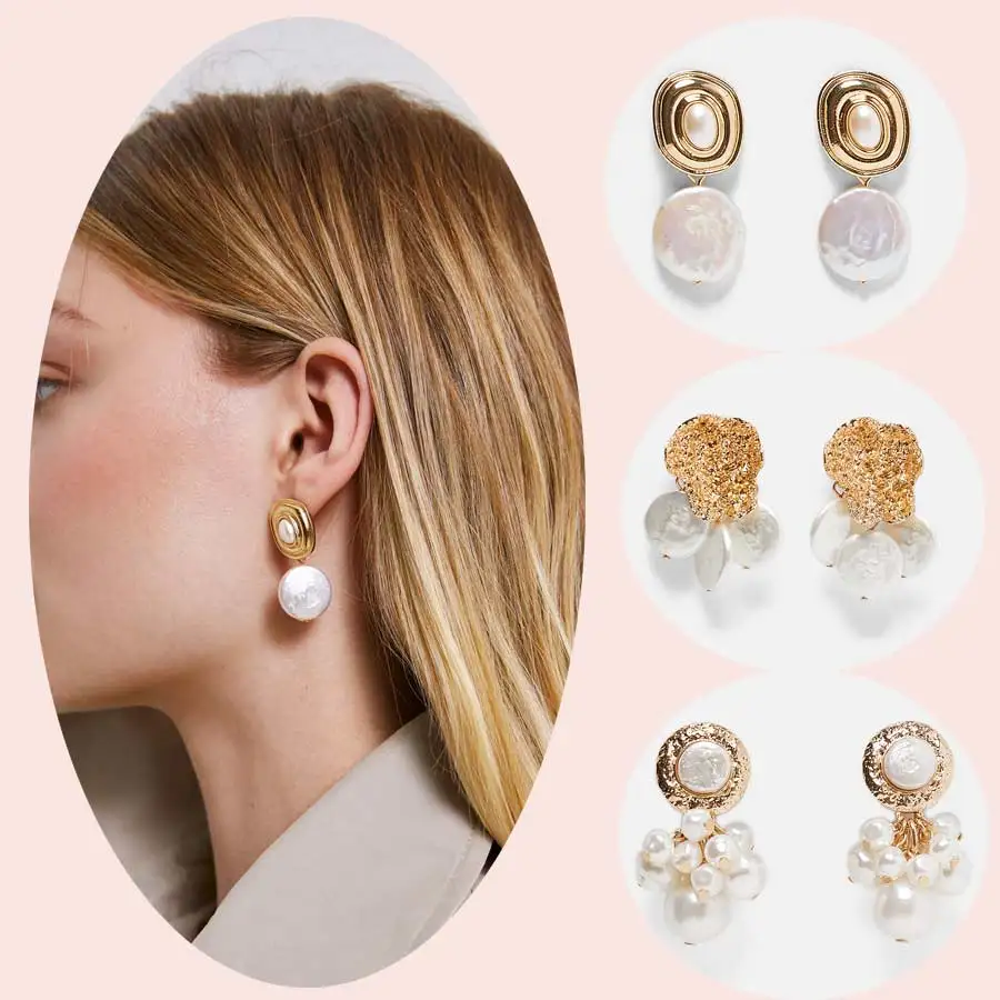 

Dvacaman ZA Baroque Pearl Earrings for Women Fashion Big Statement Earrings Gold Color Girl Dangle Drop Earrings Wedding Jewelry