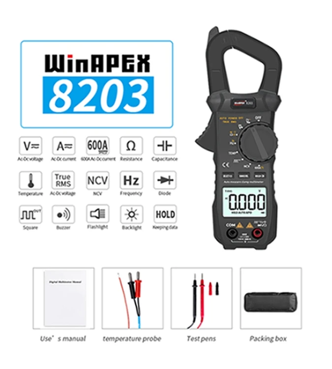 WinAPEX 600A цифровой токоизмерительный прибор с ЖК-дисплеем AutoRange AC/DC Ток Напряжение сопротивление емкость квадратный темп True RMS тест фонарик