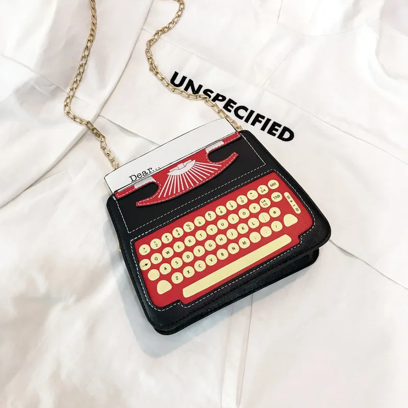 Funny Cartoon Typewriter Design Pu Leather Women's Casual Shoulder Bag Totem Femal Crossbody Mini Messenger Bag Purse Flap