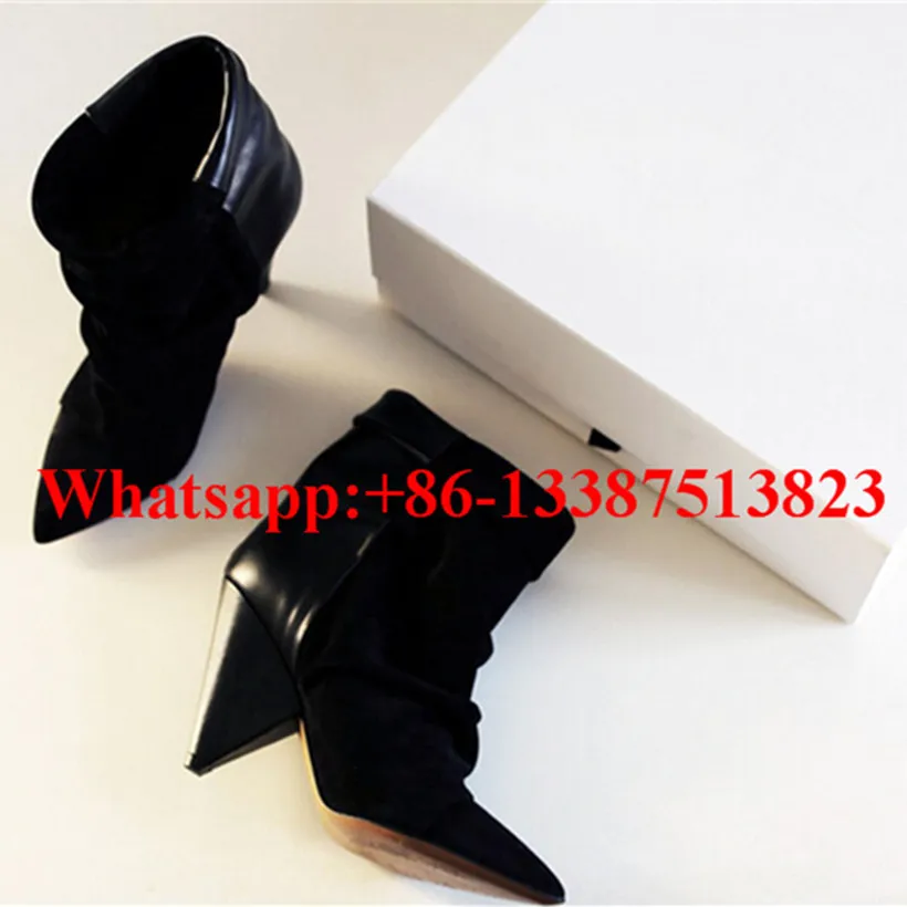 

Black Suede And Soft Leather Patcwork Pleated Ankle Boots Pointed Toe Spikes Heels Slip-On Andrew Botas Mujer Ladies Shoes Woman