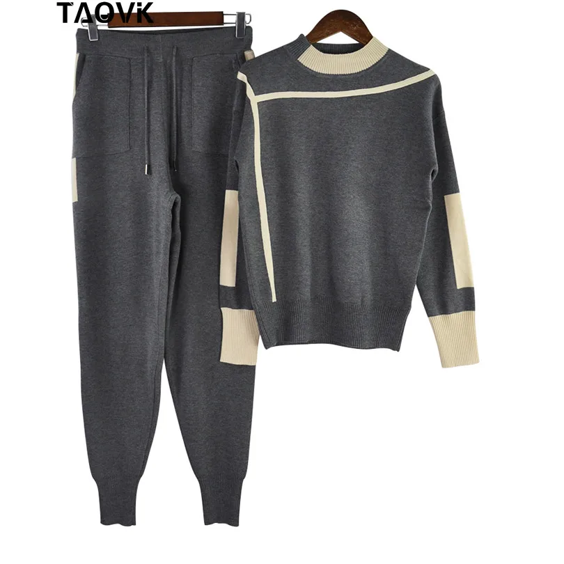 Женские шерстяные трикотажные костюмы TAOVK, комплект из свитера и брюк, удобные теплые спортивные костюмы из 2 предметов - Цвет: Gray