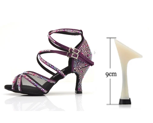 WUXIJIAO, черный, фиолетовый, бронзовый, для танцев, для женщин, полностью Стразы, для женщин, для сальсы, танцевальная обувь, для латинских танцев, сальса, обувь для взрослых, обувь на каблуке - Цвет: Purple heel 9cm