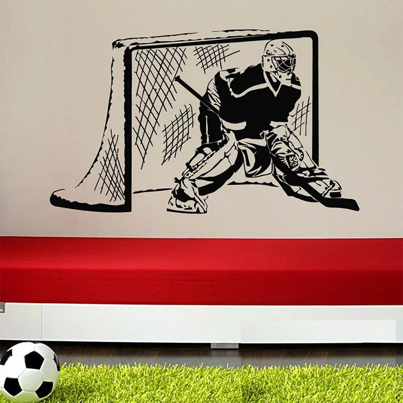 Виниловая наклейка на стену, наклейка для спальни, детей, хоккеиста, вратаря, шайба для мальчиков, наклейка на стену, домашний декор, размер 56x90 см