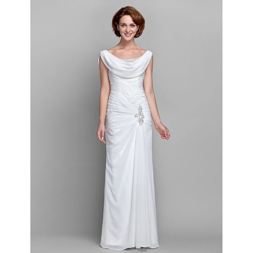 Long white sheath dresses with cowl neck