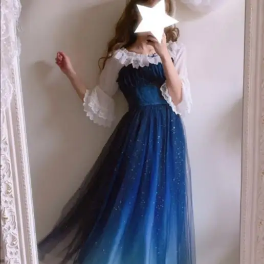 Японское модное Галактическое голубое платье со звездным принтом, женское летнее платье лолиты JSk, мягкое милое платье феи, кружевное платье принцессы из тюля на бретелях ZR13