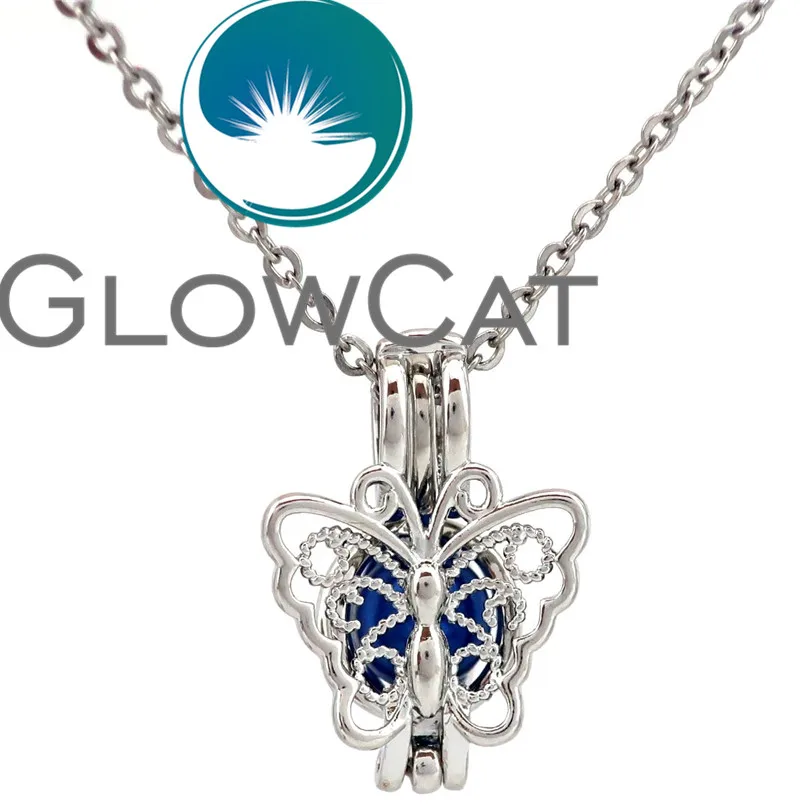 

GLOWCAT KK681 Cute Butterfly Beads Cage Locket Pendant Perfume Essential Oil Diffuser Pearl Cage Necklace Kids Girl Gifts