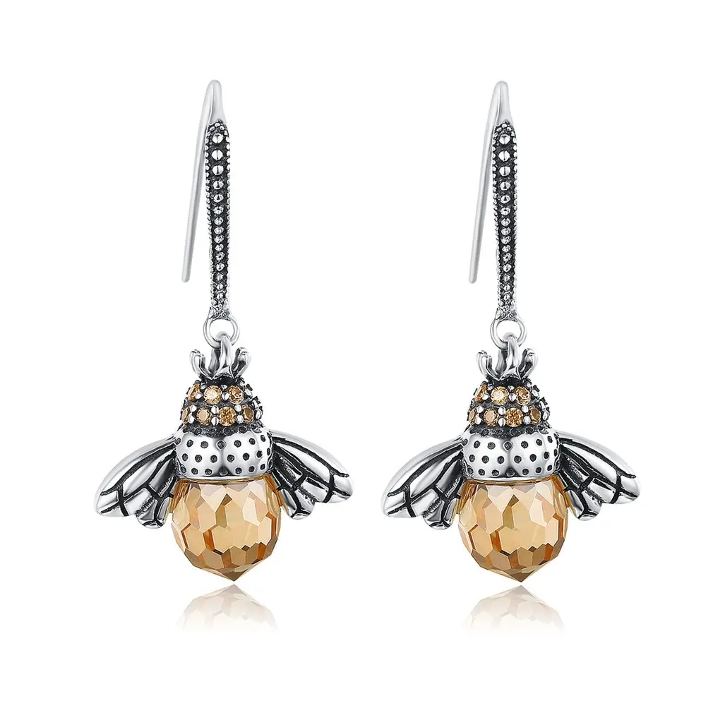 

Genuine 925 Sterling Silver Lovely Little Bee Animal Drop Earrings for Women Zircon Fashion Jewelry Elegant Gift