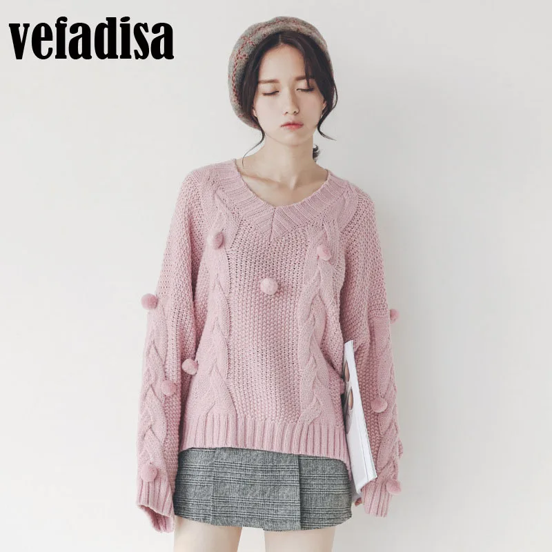 Vefadisa 2017 Autumn Winter New Korea Retro Vintage Green Weave Sexy V Neck 3D Ball Knitting Irregular Women Sweater A748 | Женская