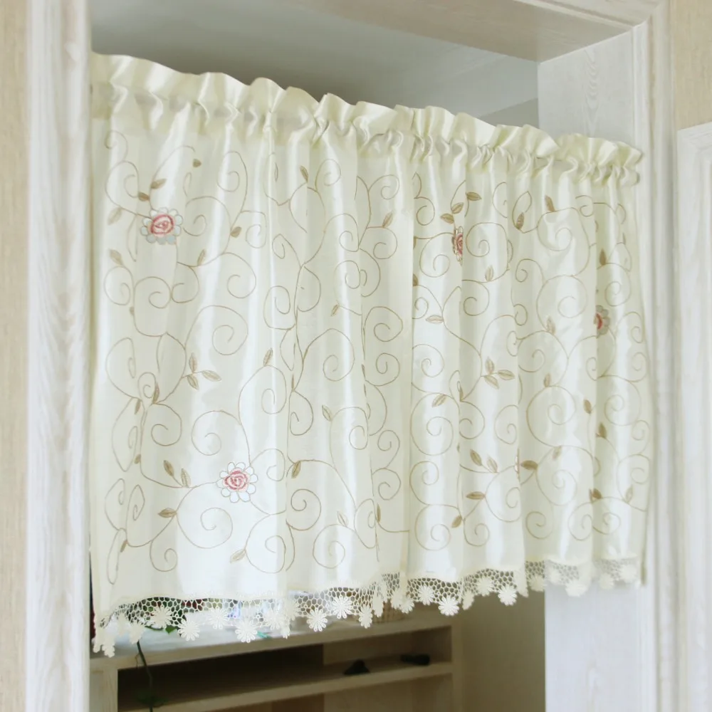Buy 2pcs embroidered flower kitchen curtain short