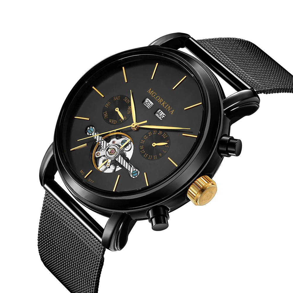 

ORKINA 2019 Male Clock Fashion Mesh Band Wrist Mechanical Watch Full Calendar Automatic Mens Wristwatches Tourbillon Erkek Saat