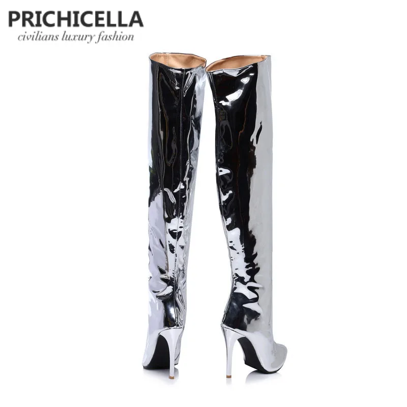 PRICHICELLA/стильные женские Серебристые зеркальные Кожаные ботфорты с острым носком на высоком каблуке; блестящие пикантные высокие ботиночки