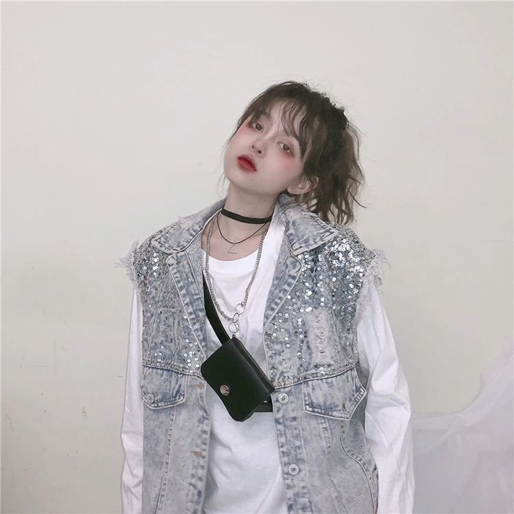 

2019 Autumn Women Vest Coat Sequins Beading Ripped Denim Vest Turn Down Collar Women Vest Chaleco Mujer Gilet Casaco Feminino