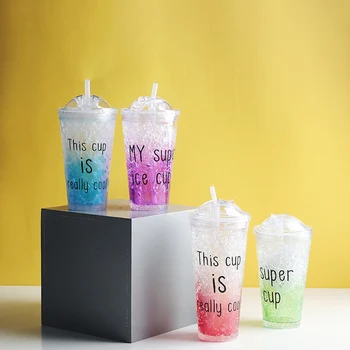 

Newest Plastic Double-layer Juice Ice Cool Cup With Straw Cup Transparent Drinkware Cup 450ML