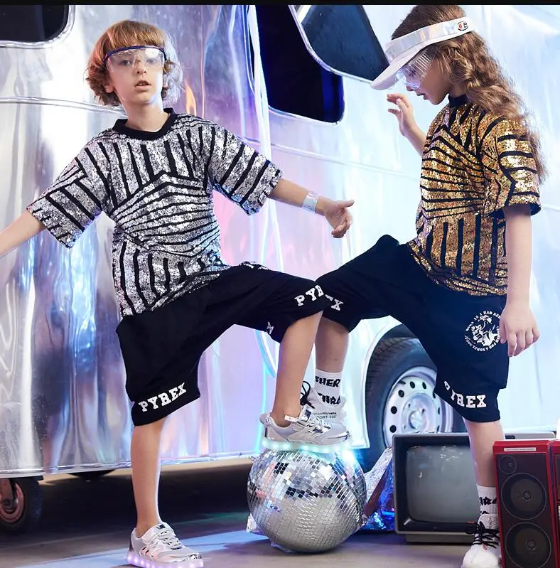 

Girl Jazz kids modern jazz dance costumes Boy hip hop sequin dance costumes for girls child stage costumes for Boys top+shorts