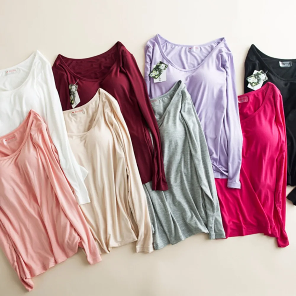 Cena Biustonosz usztywniany podstawowy t shirt kobiety modalne z długim rękawem O Neck solidna koszulka z wbudowanymi miseczkami na co dzień miękkie oddychające Tee topy Hi p