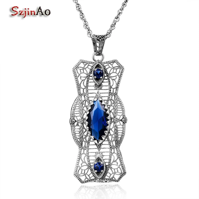 

Szjinao Retro Women Fashion Charm Pendant 925 Sterling Silver Pendant Necklace Simulated Sapphire Indian Jewelry
