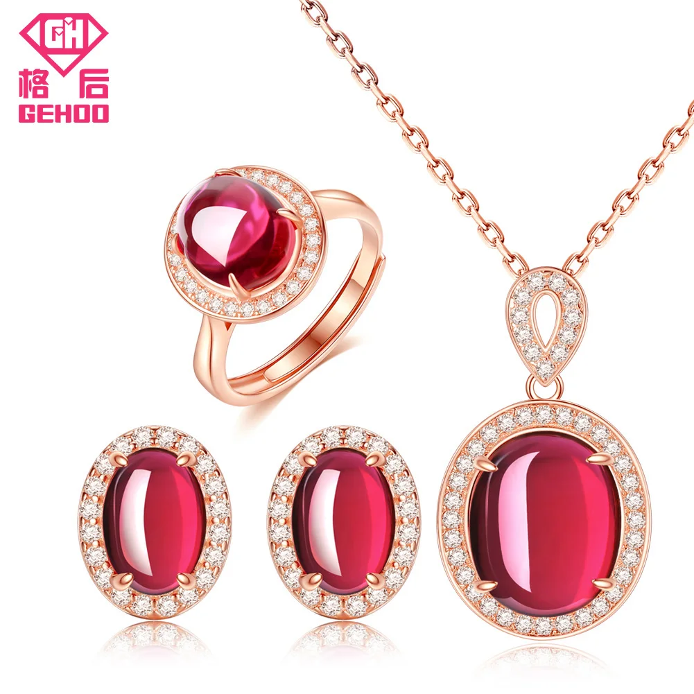 

GEHOO New Pretty Red Ruby Bridal Wedding Jewelry Set Women CZ Paved Gemstone 925 Sterling Silver Earrings Pendant Necklace Ring