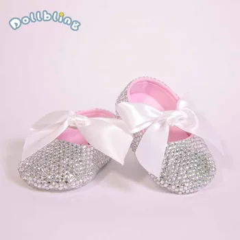 

All Covered Clear Sparkle Bling out White Ribbon Bow Custom Handmade Christening 0-1 Princess Newborn Baby Girl Ballerina Shoes